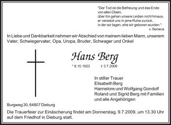 Traueranzeige von Hans Berg von OFFENBACH-POST/HANAU-POST