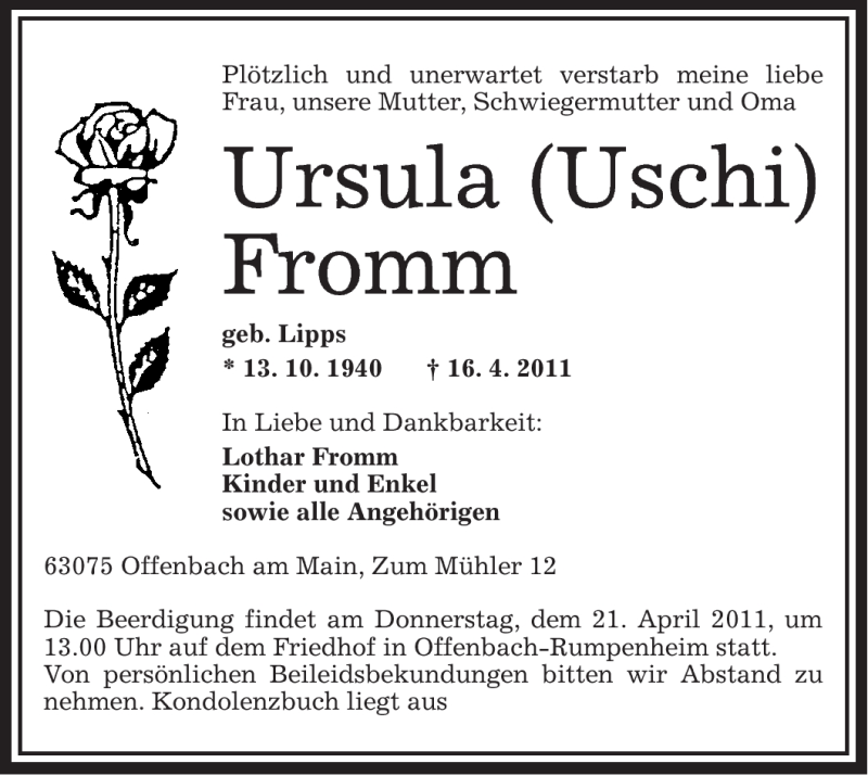  Traueranzeige für Ursula Fromm vom 19.04.2011 aus OFFENBACH-POST/HANAU-POST