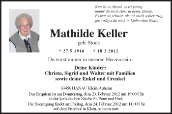 Traueranzeige von Mathilde Keller von OFFENBACH-POST/HANAU-POST