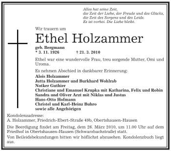 Traueranzeige von Ethel Holzammer von OFFENBACH-POST/HANAU-POST