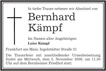 Traueranzeige von Bernhard Kämpf von OFFENBACH-POST/HANAU-POST