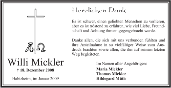 Traueranzeige von Willi Mickler von OFFENBACH-POST/HANAU-POST