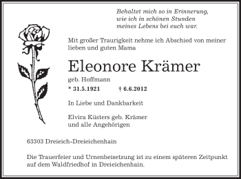 Traueranzeige von Eleonore Krämer von OFFENBACH-POST/HANAU-POST