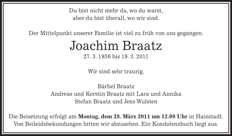  Traueranzeige für Joachim Braatz vom 26.03.2011 aus OFFENBACH-POST/HANAU-POST