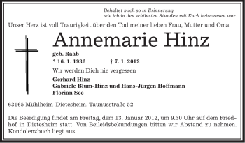 Traueranzeige von Annemarie Hinz von OFFENBACH-POST/HANAU-POST