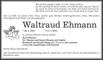 Traueranzeige von Waltraud Ehmann von OFFENBACH-POST/HANAU-POST