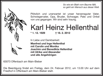 Traueranzeige von Karl Heinz Hellenthal von OFFENBACH-POST/HANAU-POST