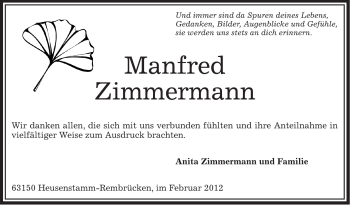 Traueranzeige von Manfred Zimmermann von OFFENBACH-POST/HANAU-POST