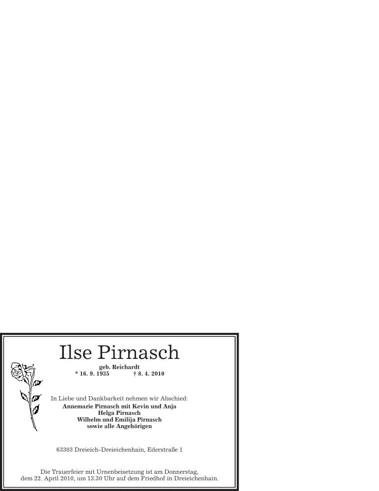  Traueranzeige für Ilse Pirnasch vom 16.04.2010 aus OFFENBACH-POST/HANAU-POST