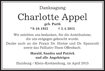 Traueranzeige von Charlotte Appel von Offenbach