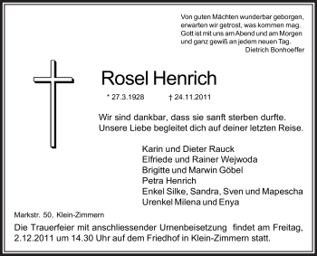 Traueranzeige von Rosel Henrich von OFFENBACH-POST/HANAU-POST