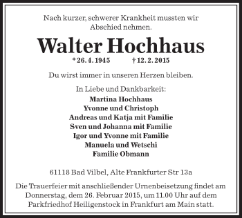 Traueranzeige von Walter Hochhaus von Offenbach