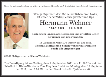 Traueranzeige von Hermann Wehner von OFFENBACH-POST/HANAU-POST