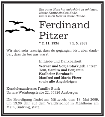 Traueranzeige von Ferdinand Pitzer von OFFENBACH-POST/HANAU-POST