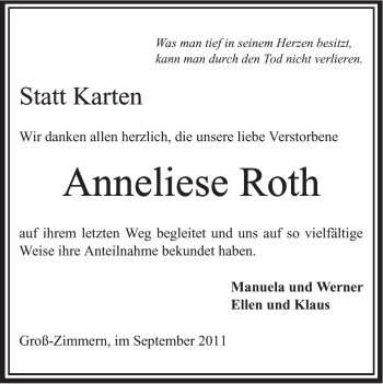 Traueranzeige von Anneliese Roth von OFFENBACH-POST/HANAU-POST