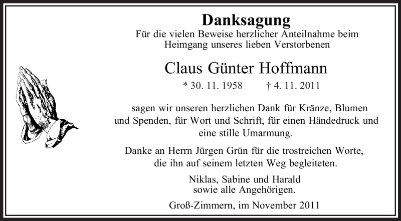  Traueranzeige für Claus Günter Hoffmann vom 17.11.2011 aus OFFENBACH-POST/HANAU-POST