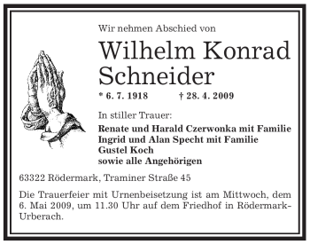 Traueranzeige von Wilhelm Konrad Schneider von OFFENBACH-POST/HANAU-POST