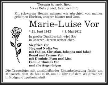 Traueranzeige von Marie-Luise Vor von OFFENBACH-POST/HANAU-POST