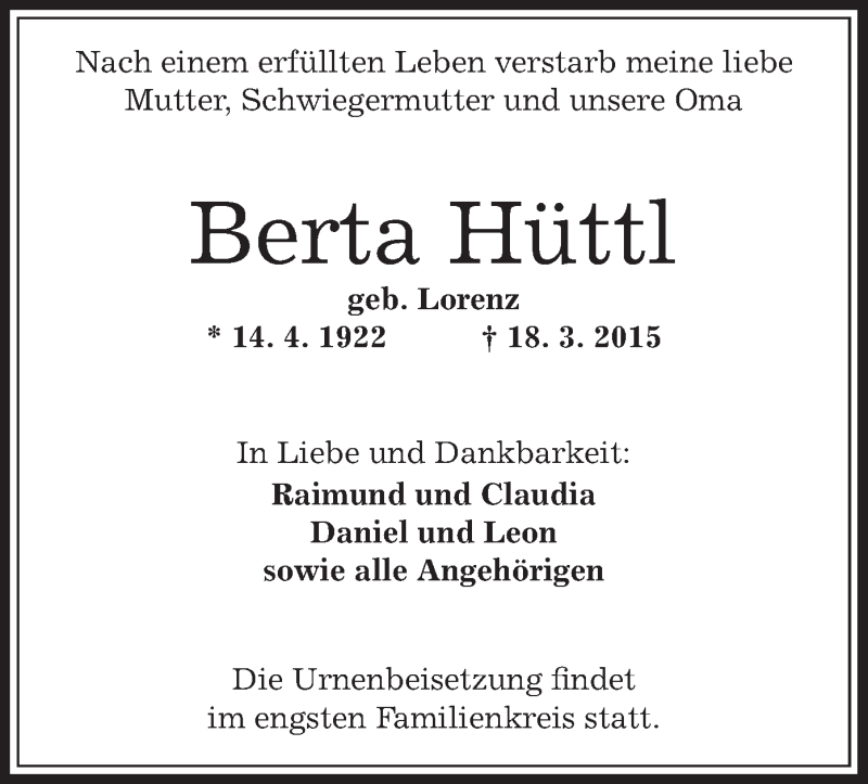  Traueranzeige für Berta Hüttl vom 21.03.2015 aus Offenbach