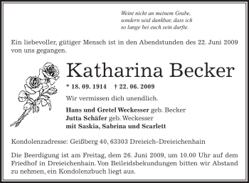 Traueranzeige von Katharina Becker von OFFENBACH-POST/HANAU-POST