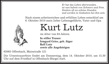 Traueranzeige von Kurt Lutz von OFFENBACH-POST/HANAU-POST