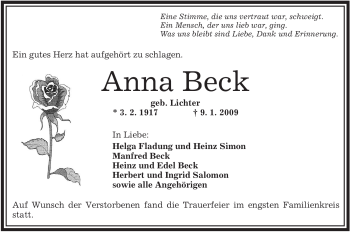 Traueranzeige von Anna Beck von OFFENBACH-POST/HANAU-POST