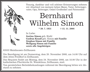 Traueranzeige von Bernhard Wilhelm Simon von OFFENBACH-POST/HANAU-POST