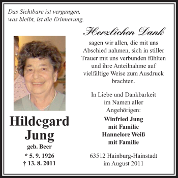 Traueranzeige von Hildegard Jung von OFFENBACH-POST/HANAU-POST