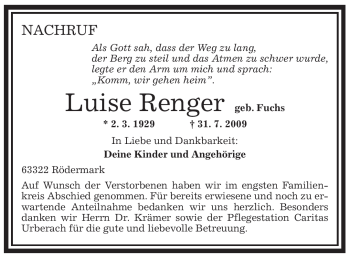 Traueranzeige von Luise Renger von OFFENBACH-POST/HANAU-POST