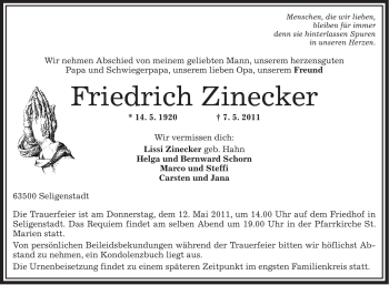 Traueranzeige von Friedrich Zinecker von OFFENBACH-POST/HANAU-POST
