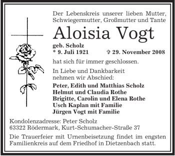 Traueranzeige von Aloisia Vogt von OFFENBACH-POST/HANAU-POST