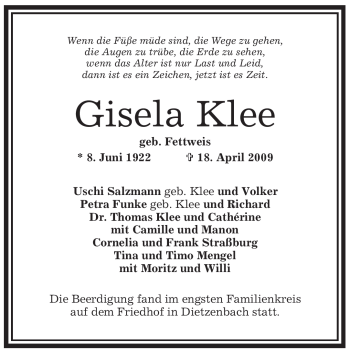 Traueranzeige von Gisela Klee von OFFENBACH-POST/HANAU-POST