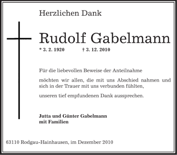 Traueranzeige von Rudolf Gabelmann von OFFENBACH-POST/HANAU-POST