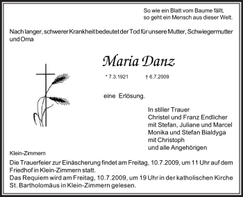 Traueranzeige von Maria Danz von OFFENBACH-POST/HANAU-POST