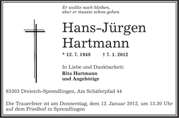 Traueranzeige von Hans-Jürgen Hartmann von OFFENBACH-POST/HANAU-POST