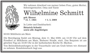 Traueranzeige von Wilhelmine Schmitt von OFFENBACH-POST/HANAU-POST