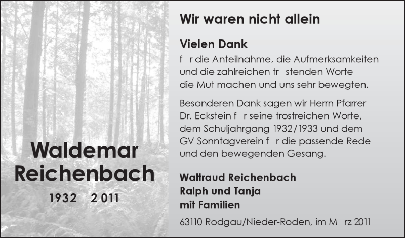  Traueranzeige für Waldemar Reichenbach vom 17.03.2011 aus OFFENBACH-POST/HANAU-POST