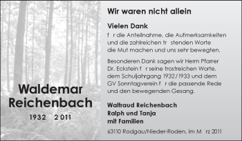 Traueranzeige von Waldemar Reichenbach von OFFENBACH-POST/HANAU-POST