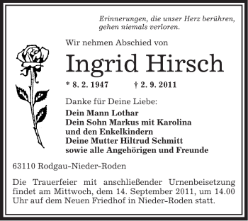 Traueranzeige von Ingrid Hirsch von OFFENBACH-POST/HANAU-POST