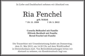 Traueranzeige von Ria Fenchel von OFFENBACH-POST/HANAU-POST