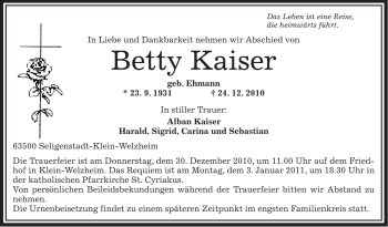 Traueranzeige von Betty Kaiser von OFFENBACH-POST/HANAU-POST