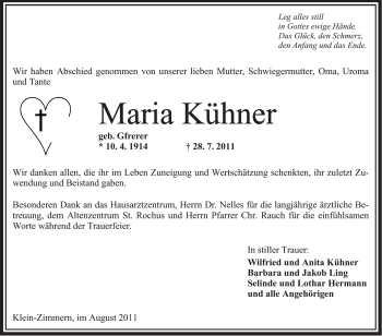 Traueranzeige von Maria Kühner von OFFENBACH-POST/HANAU-POST