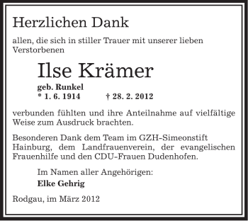 Traueranzeige von Ilse Krämer von OFFENBACH-POST/HANAU-POST