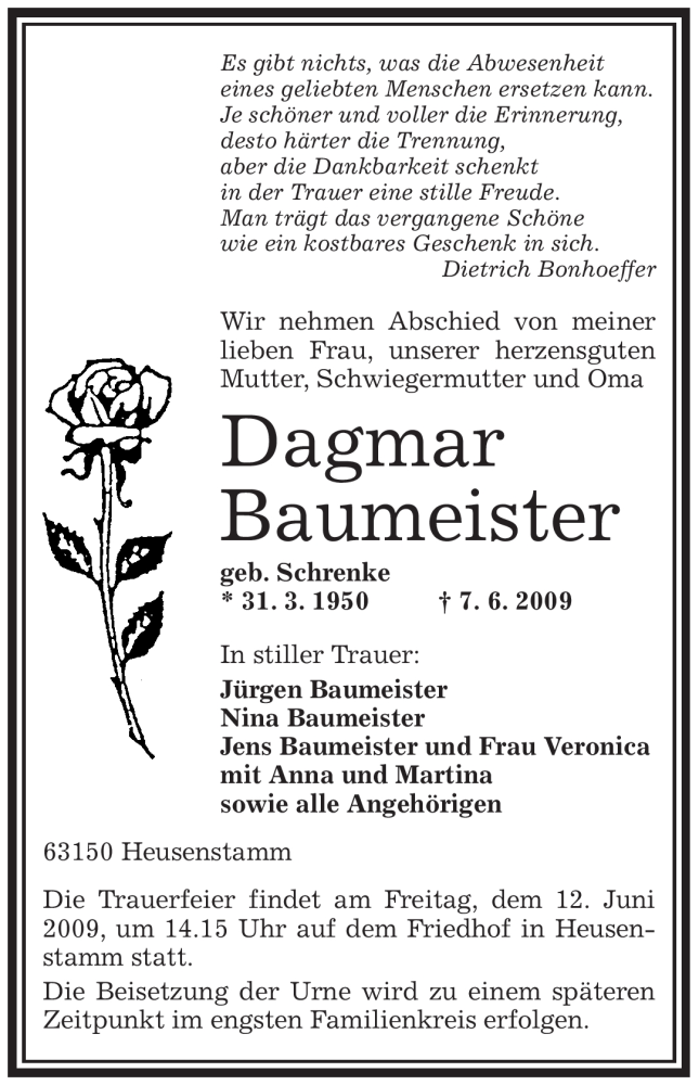  Traueranzeige für Dagmar Baumeister vom 10.06.2009 aus OFFENBACH-POST/HANAU-POST