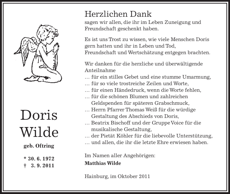 Traueranzeige für Doris Wilde vom 08.10.2011 aus OFFENBACH-POST/HANAU-POST
