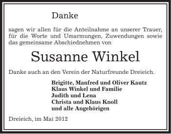 Traueranzeige von Susanne Winkel von OFFENBACH-POST/HANAU-POST