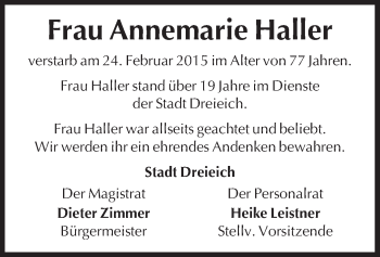 Traueranzeige von Annemarie Haller von Offenbach