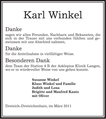 Traueranzeige von Karl Winkel von OFFENBACH-POST/HANAU-POST