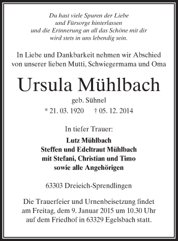 Traueranzeige von Ursula Mühlbach von Offenbach