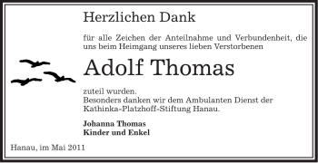 Traueranzeige von Adolf Thomas von OFFENBACH-POST/HANAU-POST